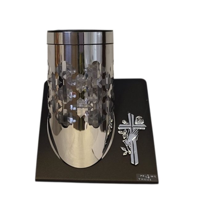 Žvakidė į kapines PARIS SOLAR 2 su kryželiu - sidabro spalvos